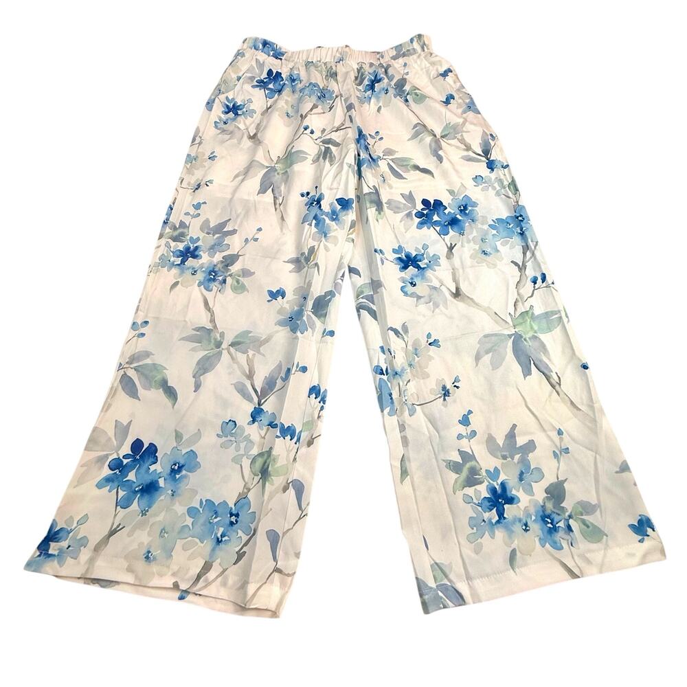 NWOT Cream Blue Floral Wide Leg Pants Elastic Waist Partially Lined Side Pockets